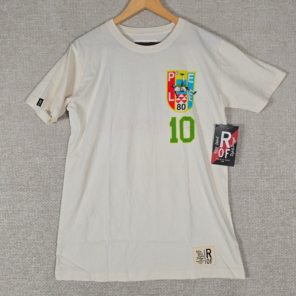 Roots of Fight Pele 80 Mens Cream Graphic Soccer T-Shirt Size M New
